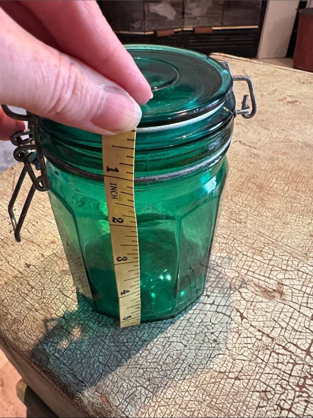 Vintage Emerald Green Glass Canister Wire Bail Clamp Lid 5 Inch